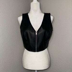 New Look Faux Leather Sleeveless Zip Crop Top Black Women's Size M Biker Casual